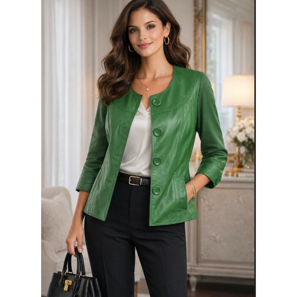 Nygard L Green Leather Jacket Button Front 3/4 Sleeve Lightweight Women 14-16